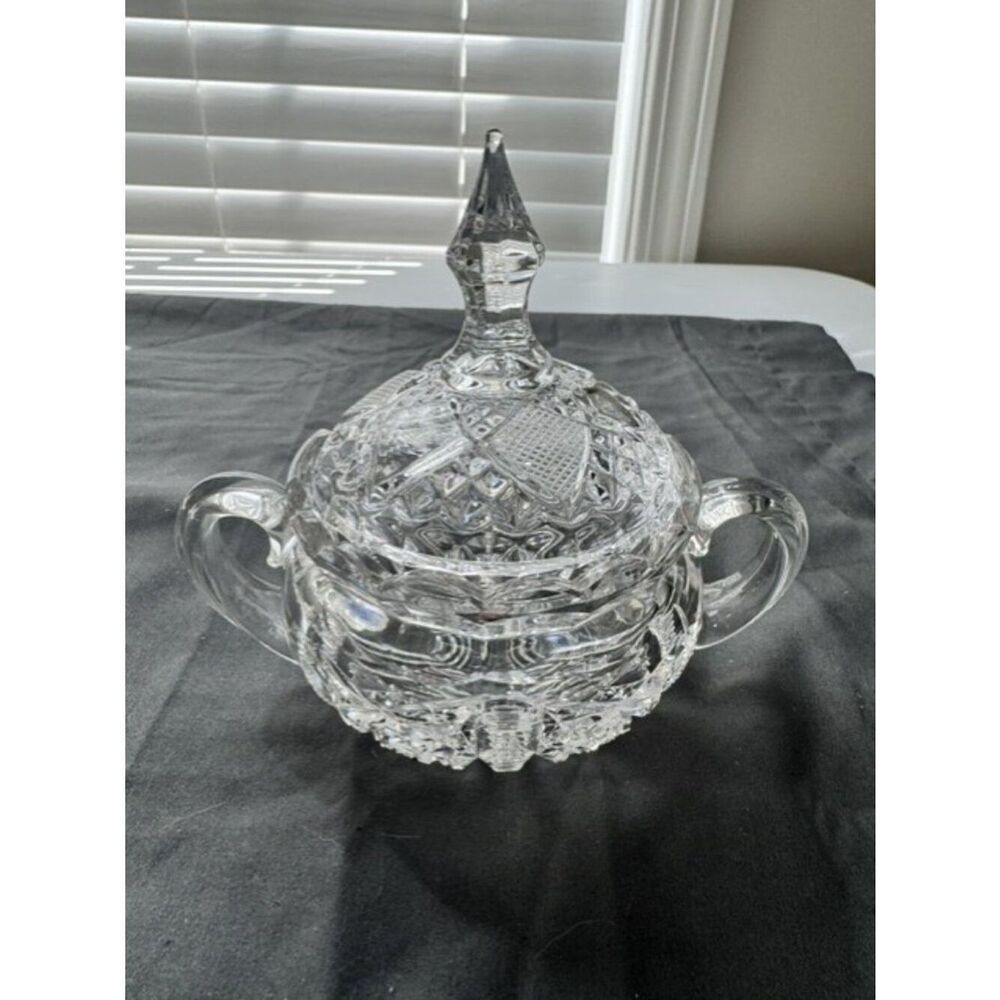 Vintage American Brilliant Sugar / Candy Dish Cut Glass w Sunburst 6" Wide